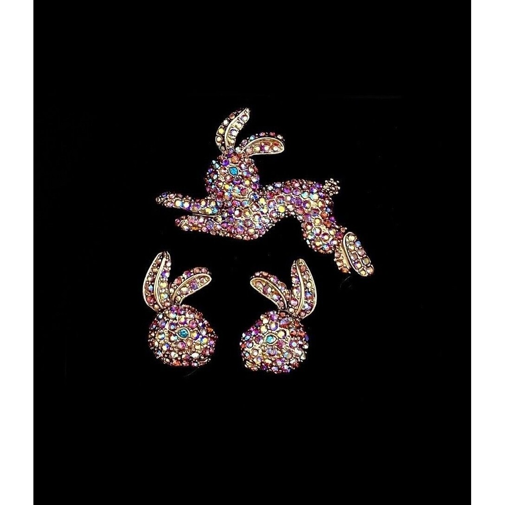NEW Heidi Daus Rabbit Bunny Pin and Earrings omega back jewelry set